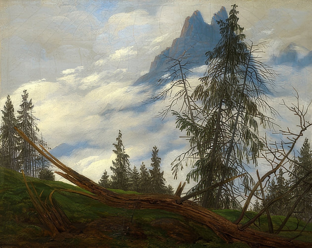 Vuorenhuiput liikkuvilla pilvillä. Noin 1835 tekijältä Caspar David Friedrich