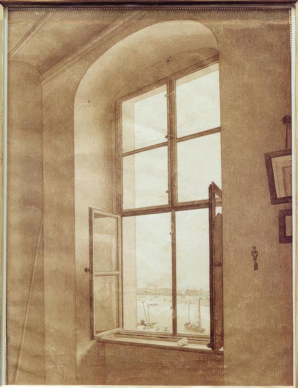 Blick aus dem Atelier des Künstlers (linkit Fensterin) tekijältä Caspar David Friedrich