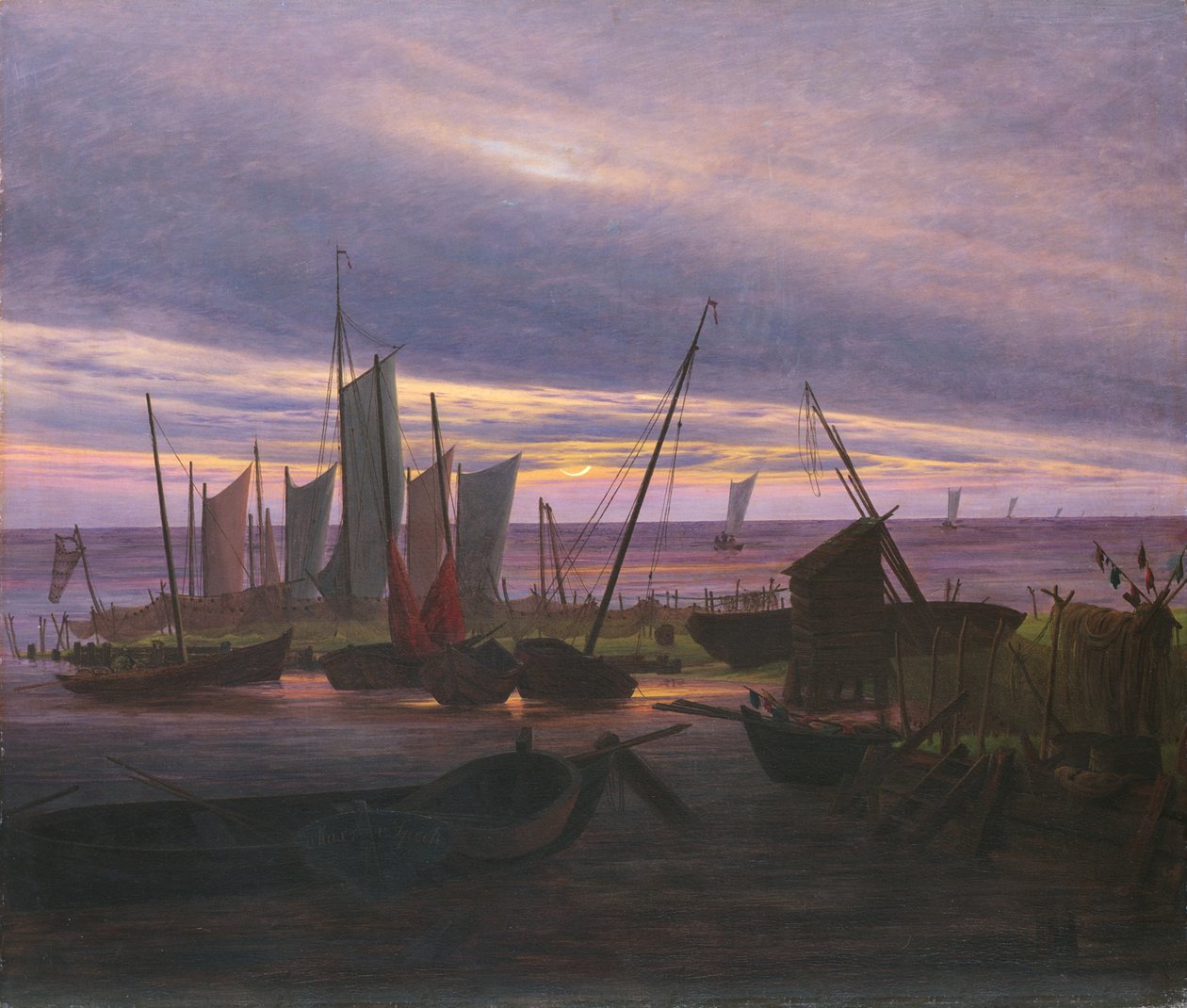 Veneitä satamassa illalla, n. 1828 tekijältä Caspar David Friedrich