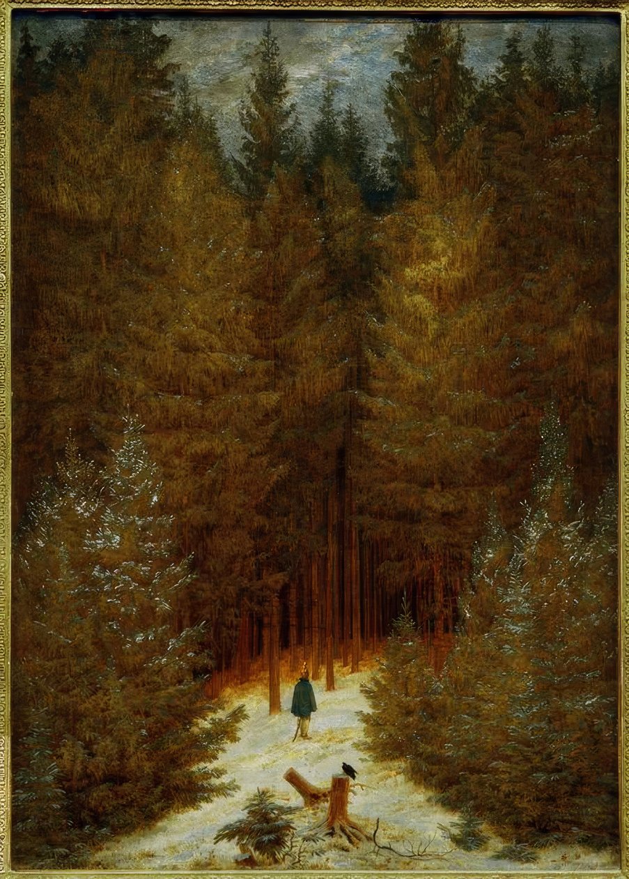 Der Chasseur im Walde (Ein beschneiter Tannenwald, Tannenwa tekijältä Caspar David Friedrich