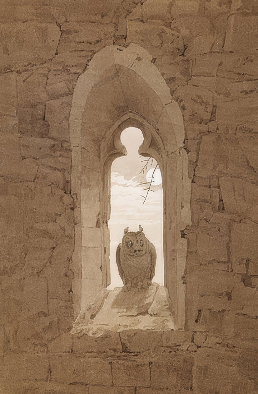 Pöllö goottilaisessa ikkunassa. Noin 1836 tekijältä Caspar David Friedrich