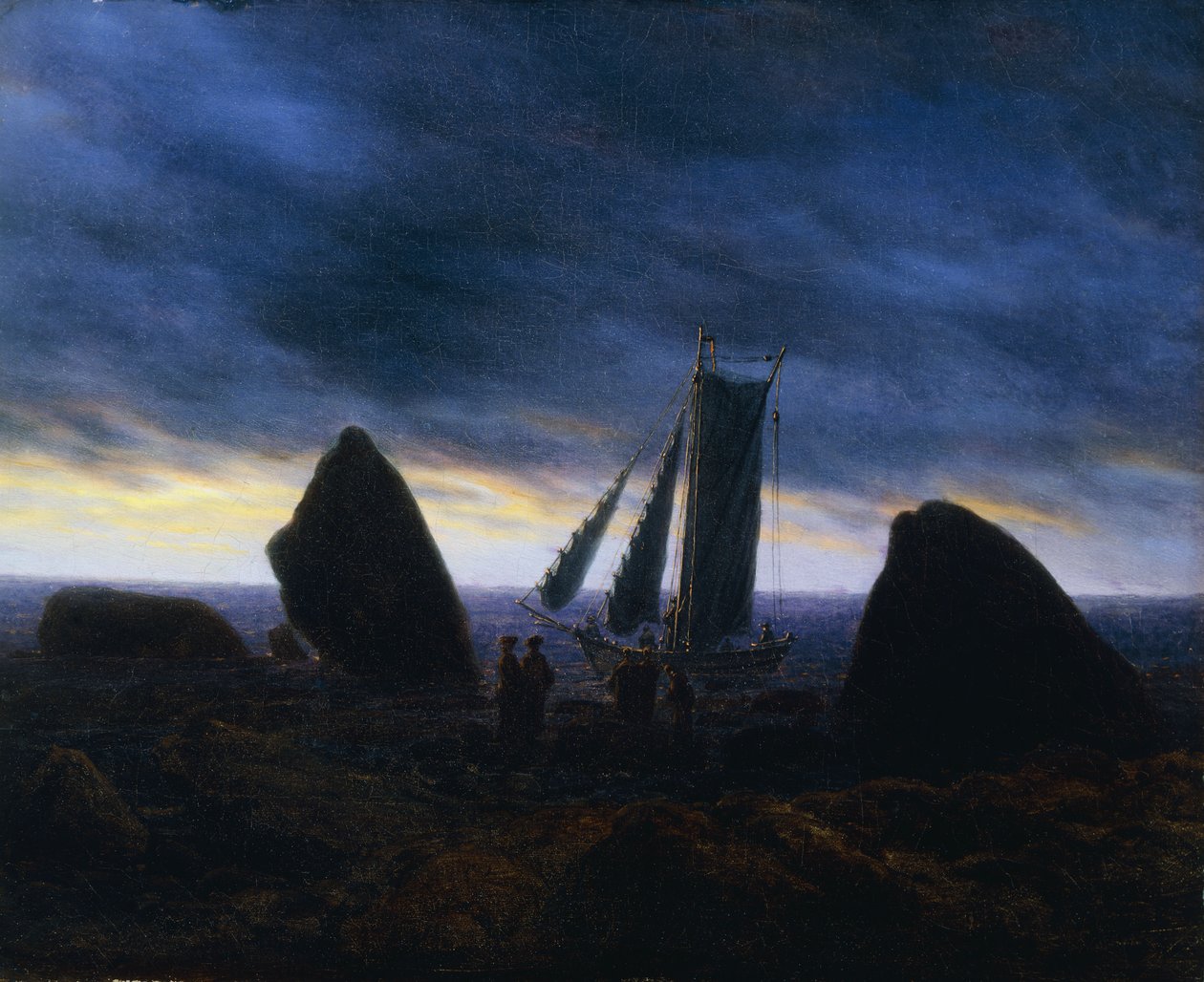 Kalastusvene kulkee hahmoja rannalla Itämeren rannalla; Fischerboot zwischen Findlingen am Ostseestrand, tekijältä Caspar David Friedrich