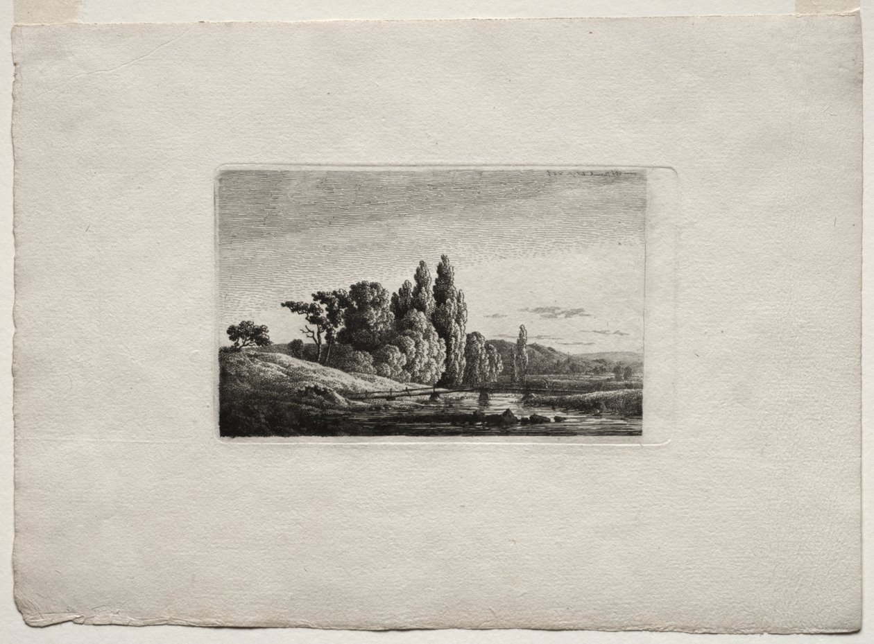 Kävelysilta ristillä ennen puita joella tekijältä Caspar David Friedrich