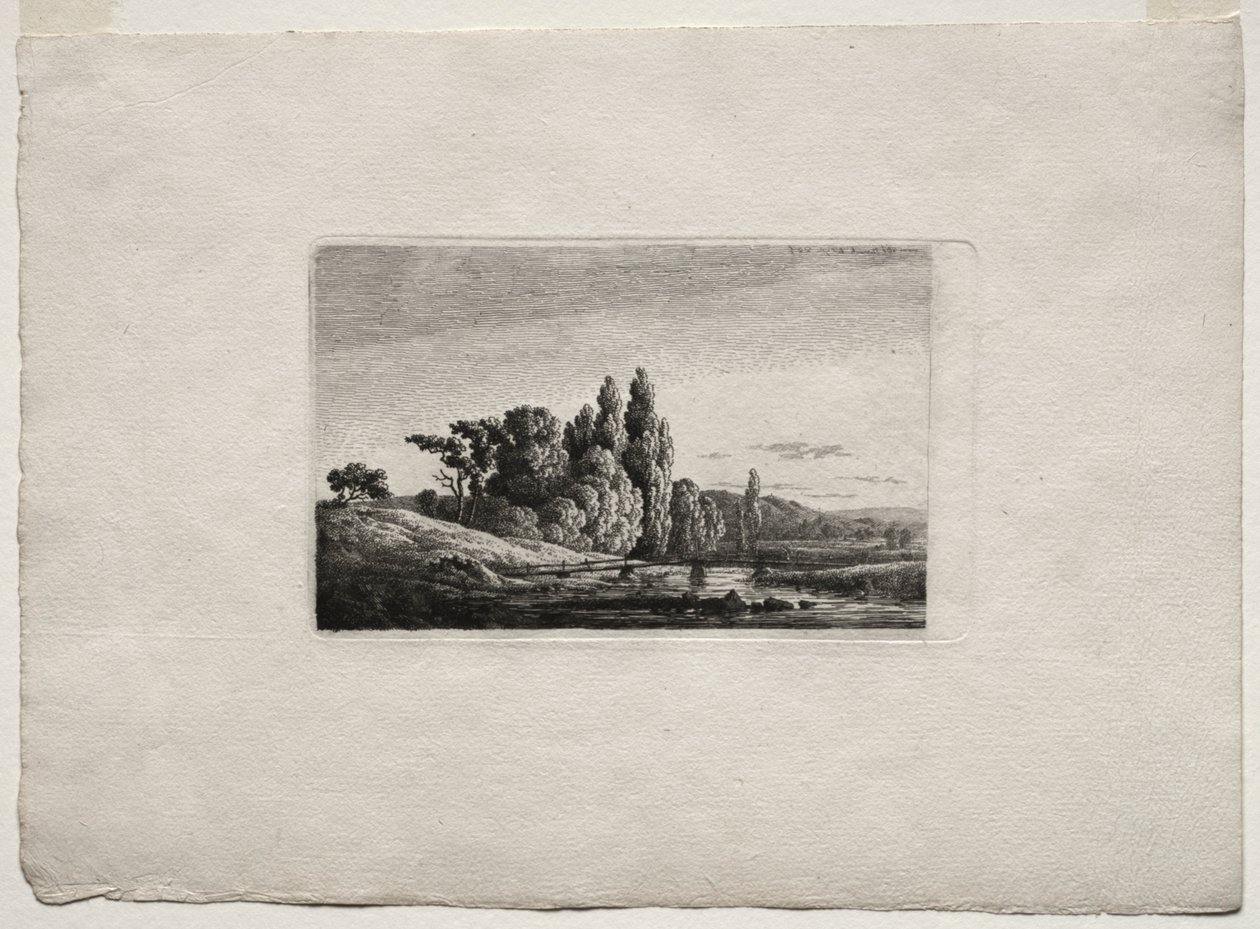 Kävelysilta, jossa on risti joen puiden edessä, n. 1803. tekijältä Caspar David Friedrich