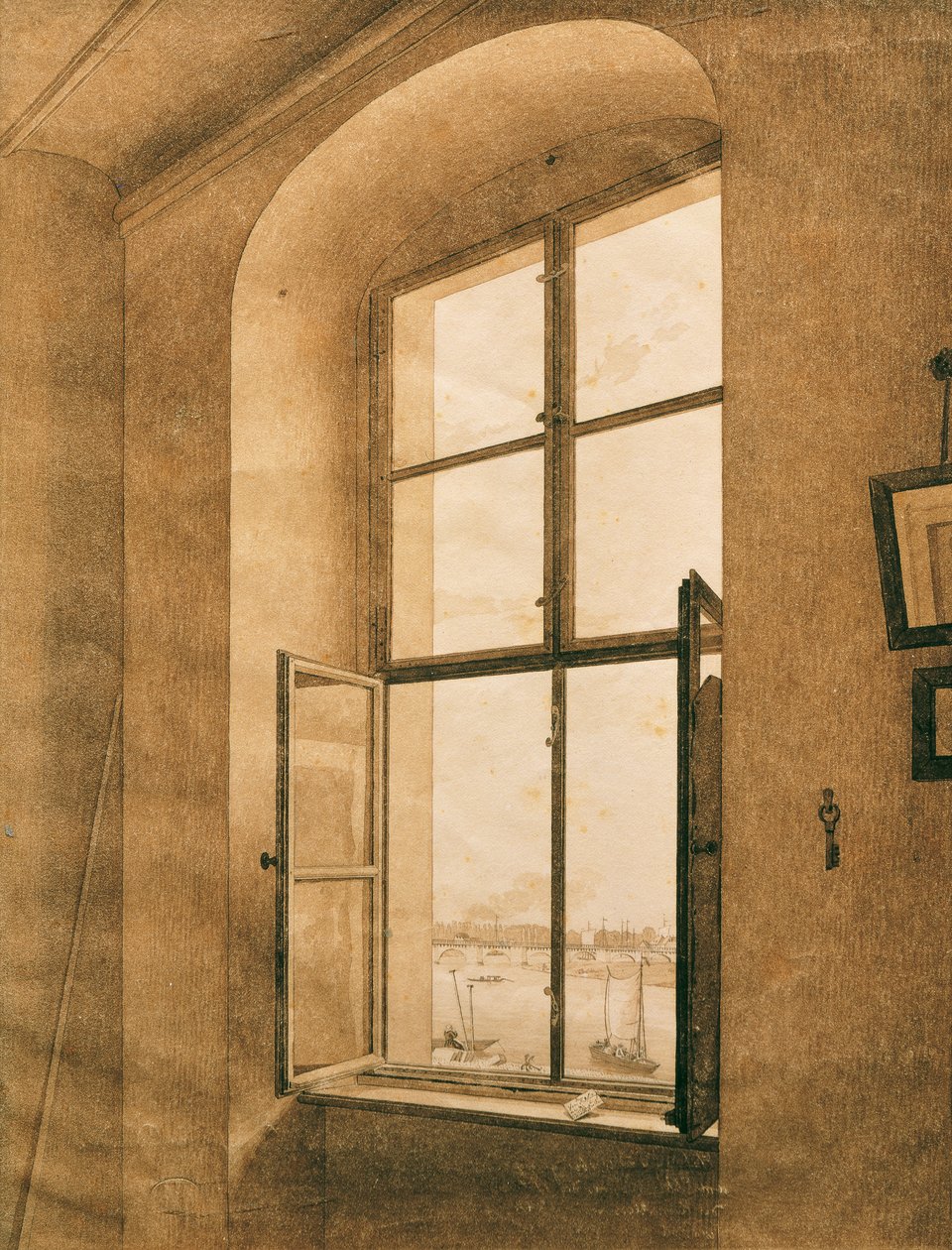 Saksa: Blick aus dem Atelier des Künstlers in Dresden auf die Elbe (linkes Fenster) Näkymä taiteilijan ateljeesta Dresdenissä Elben rannalla (vasen ikkuna). tekijältä Caspar David Friedrich