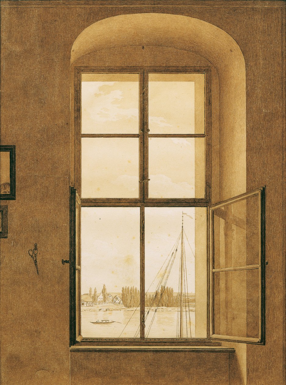 Saksa: Blick aus dem Fenster des Künstlers, rechtes Fenster Näkymä taiteilijan ateljeen ikkunasta, oikeanpuoleinen ikkuna. tekijältä Caspar David Friedrich