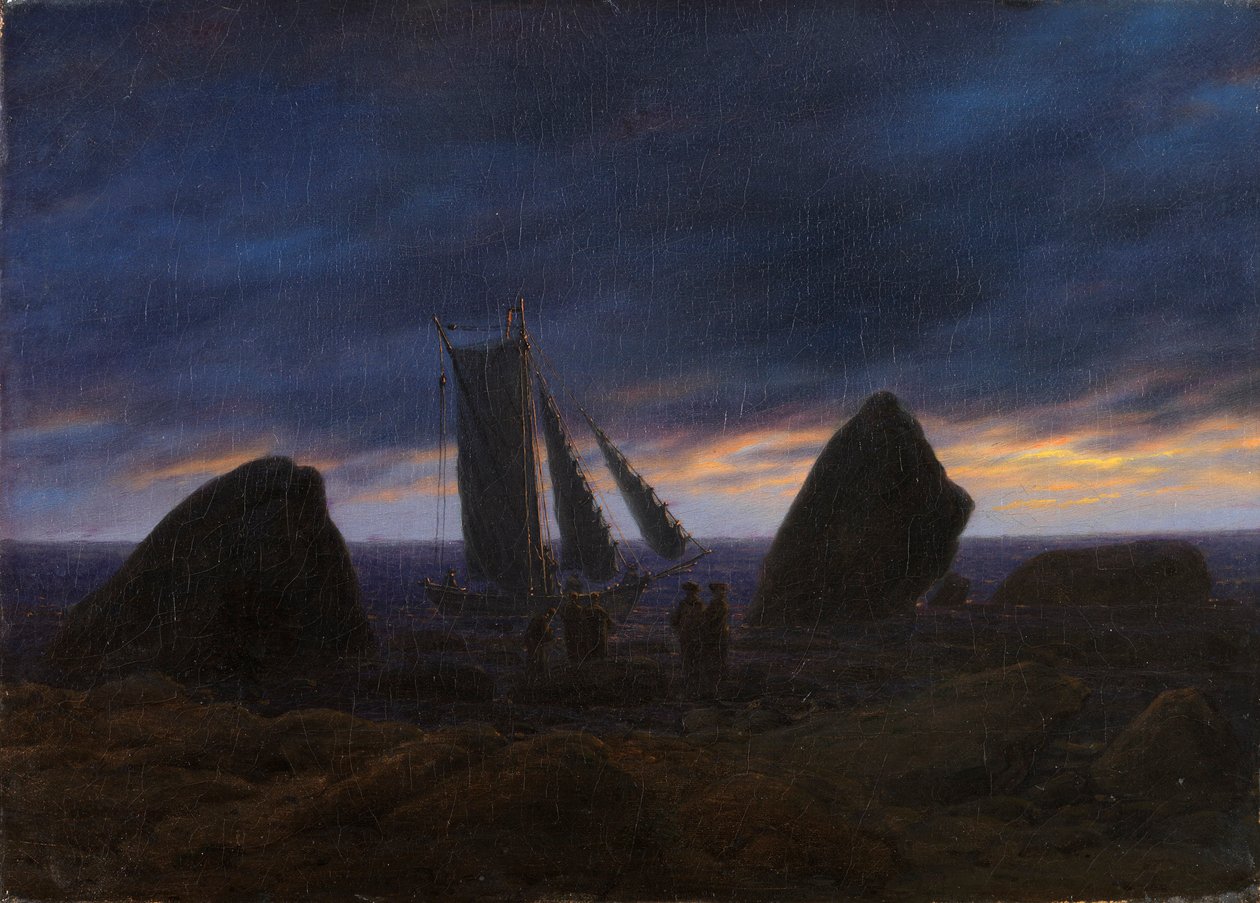 Saksa: Fischerboot zwischen Findlingen am Ostseestrand Kalastusvene kahden kiven välissä Itämeren rannalla. tekijältä Caspar David Friedrich