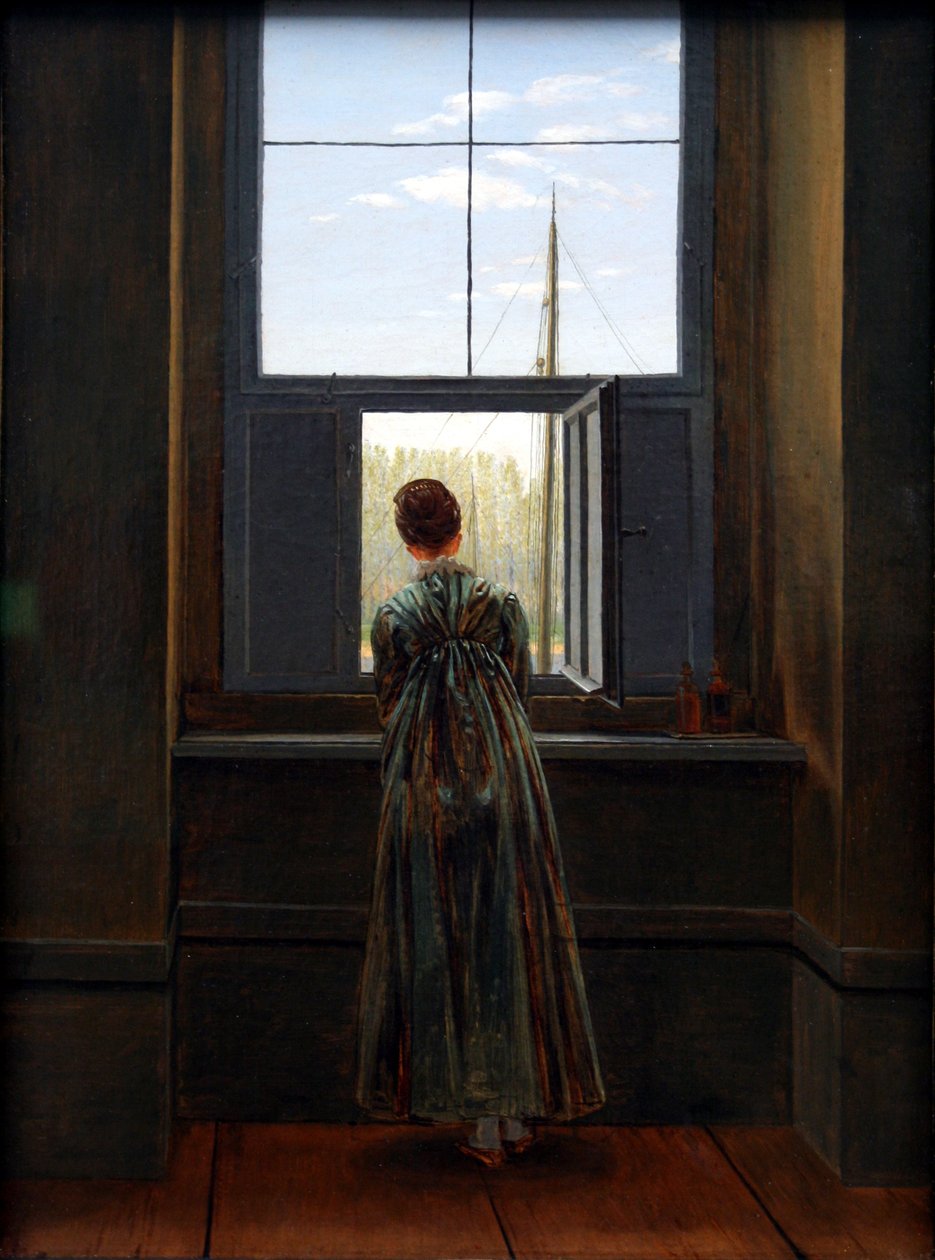 Saksa: Frau am Fenster Nainen ikkunan ääressä tekijältä Caspar David Friedrich