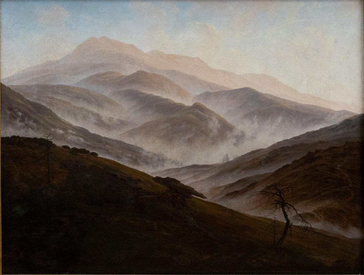 Saksa: Riesengebirgslandschaft mit aufsteigendem Nebel Giant Mountains Landscape with Rising Nebel (Jättimäinen vuoristomaisema nousevalla sumulla) tekijältä Caspar David Friedrich