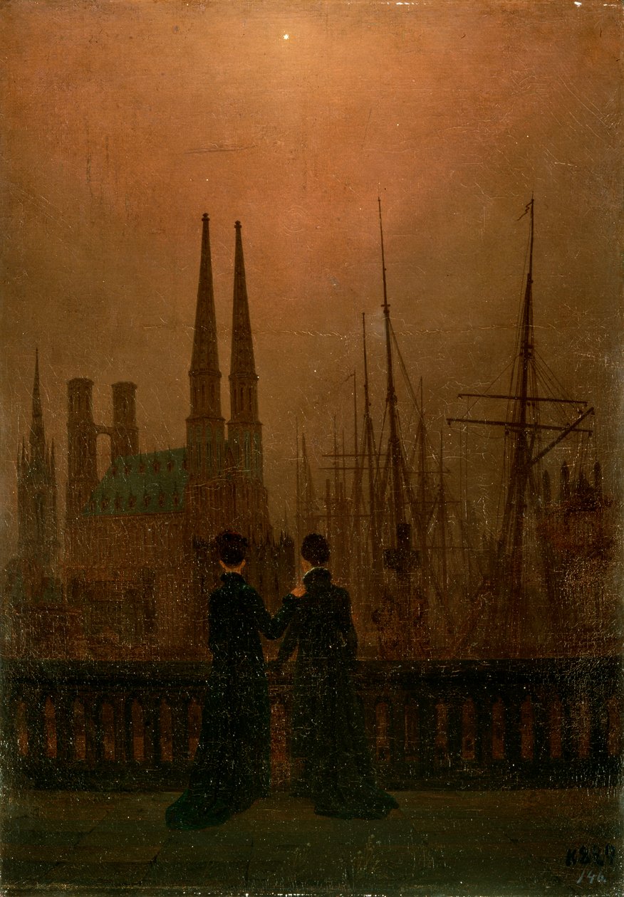 Harbour at Night Sisters, 1818-1820. tekijältä Caspar David Friedrich