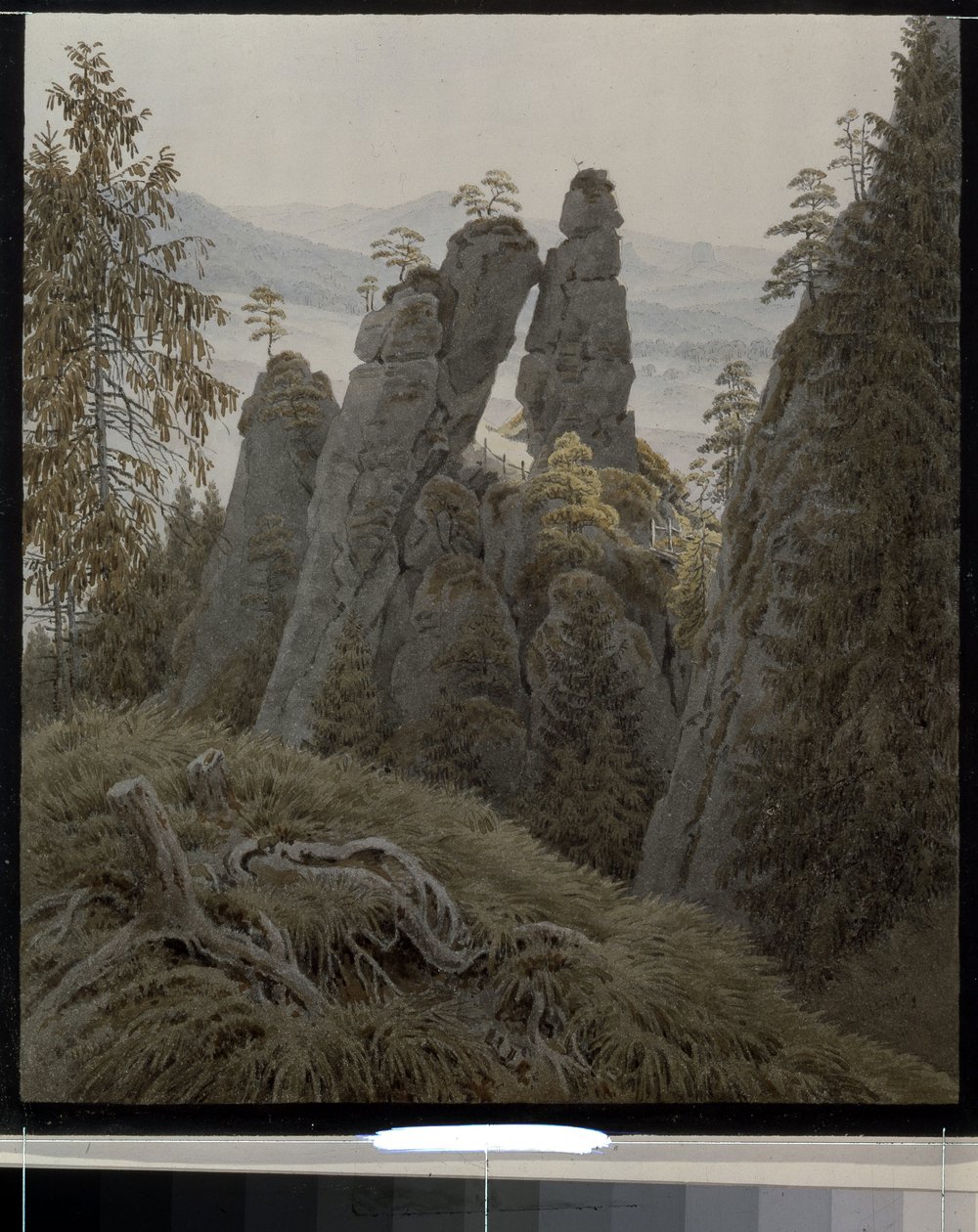 Kivien portti Neurathenissa (Saksa). (Neurathenin kallioportit). Caspar David Friedrichin (1774-1840) työ, akvarelli paperille, vuosilta 1826-1828. 1800-luvun saksalaista taidetta, romantiikkaa. Valtion Eremitaaši, Pietari. tekijältä Caspar David Friedrich
