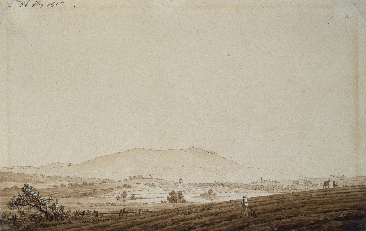 Maisema Böömissä ja näkymä Jeschkenin vuorelle, 1803 (tussi ja tussi, pesu paperille). tekijältä Caspar David Friedrich