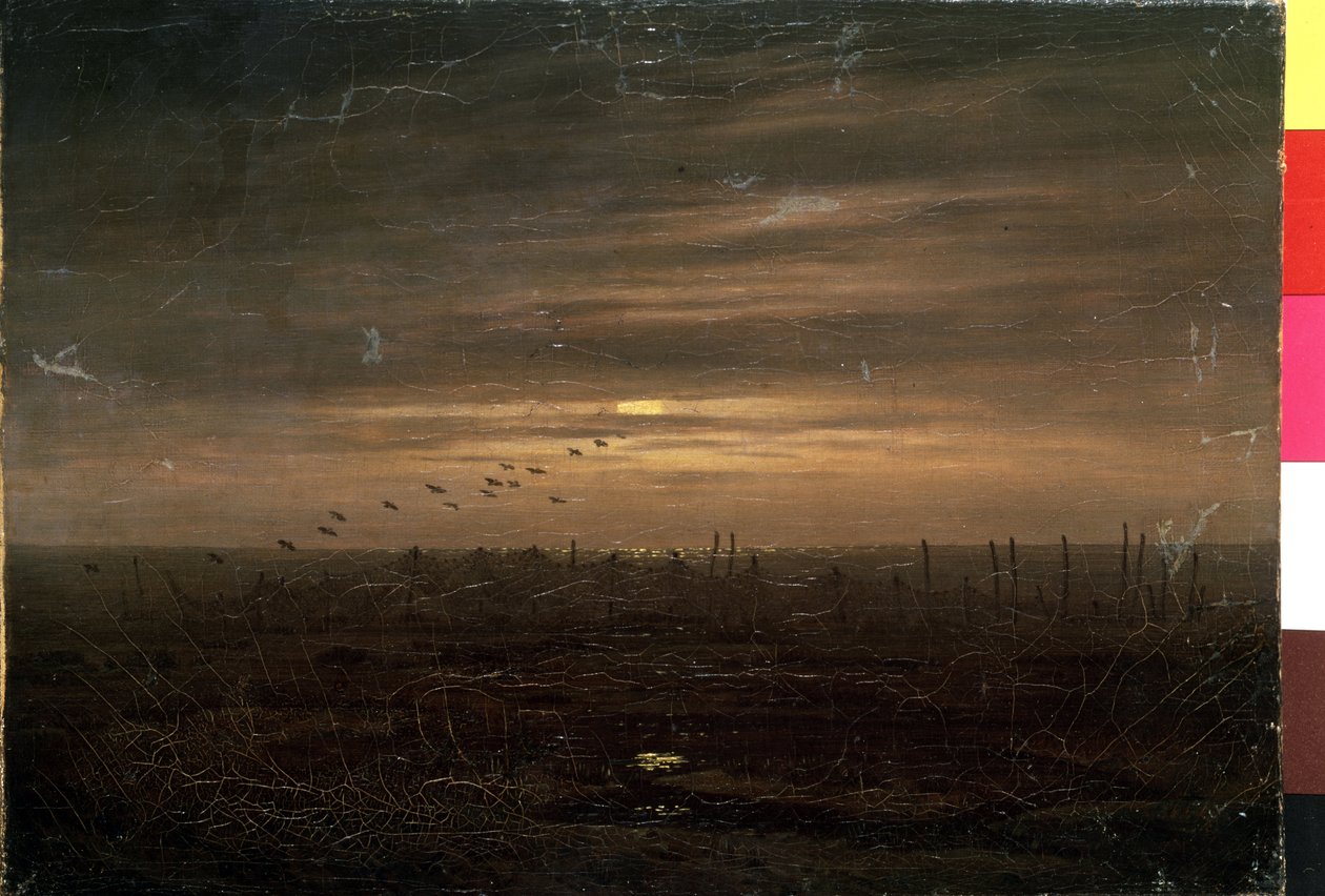 ""Kalastusverkot"" (kalastusverkot) Maisema auringonlaskun aikaan. Caspar David Friedrichin (1774-1840) maalaus 1800-luvun Eremitaaši-museo Pietarissa tekijältä Caspar David Friedrich