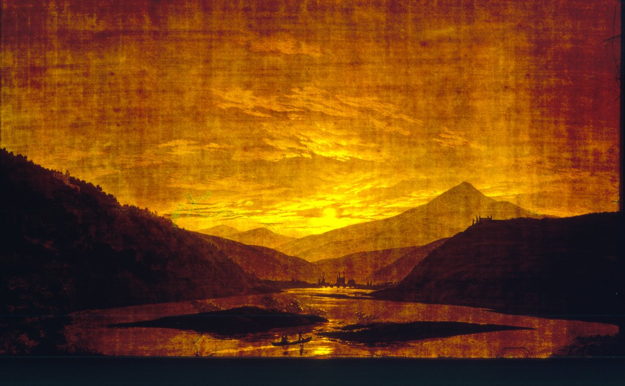Vuoristoinen jokimaisema yöllä, 1830-35 (wc ja tempera läpinäkyvälle paperille) (pari numeroon 242025) tekijältä Caspar David Friedrich