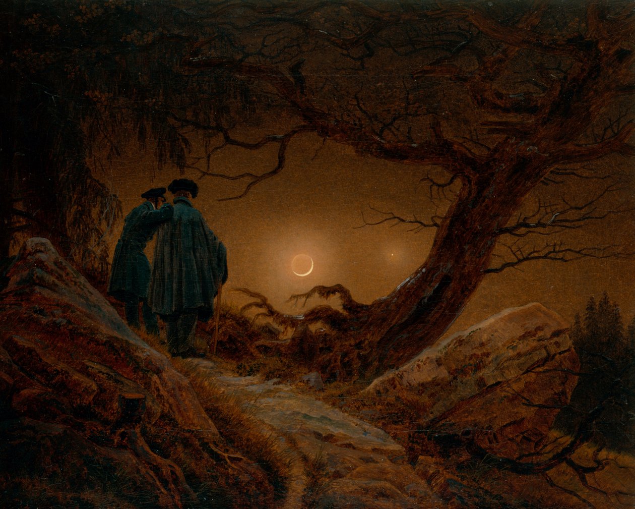 Kaksi miestä miettii kuuta tekijältä Caspar David Friedrich