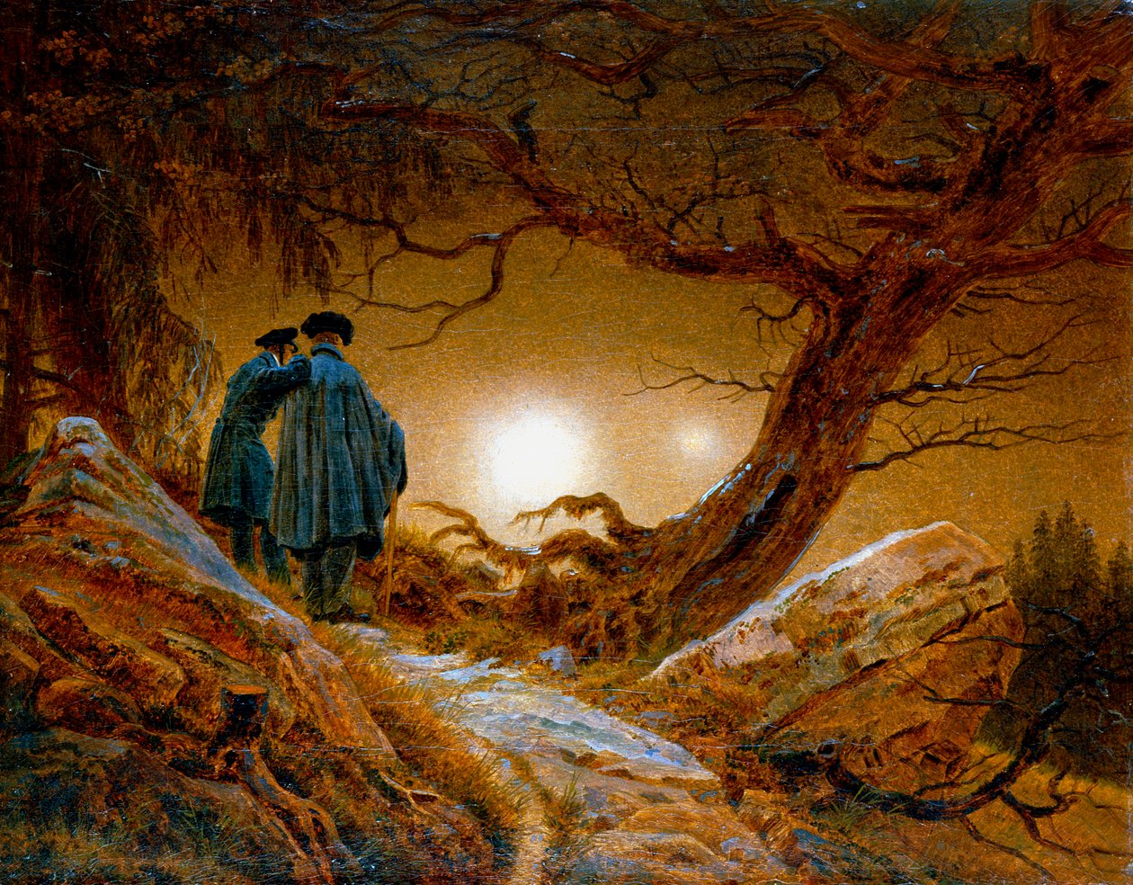 Kaksi miestä harkitsemassa kuuta, n. 1825-1830 tekijältä Caspar David Friedrich