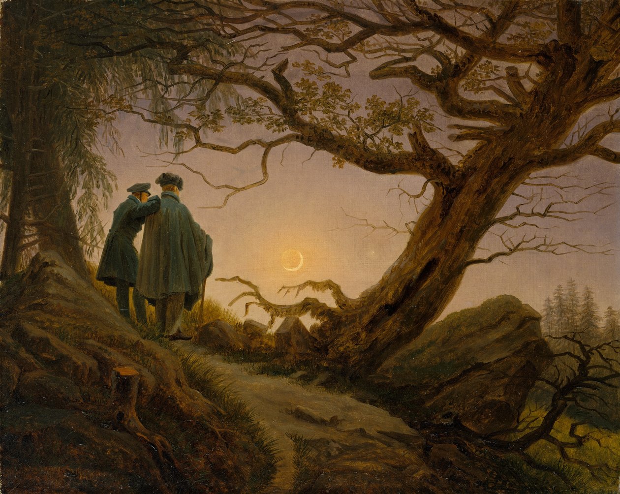 Kaksi miestä miettimässä kuuta, n. 1825–1830 (öljy kankaalle) tekijältä Caspar David Friedrich