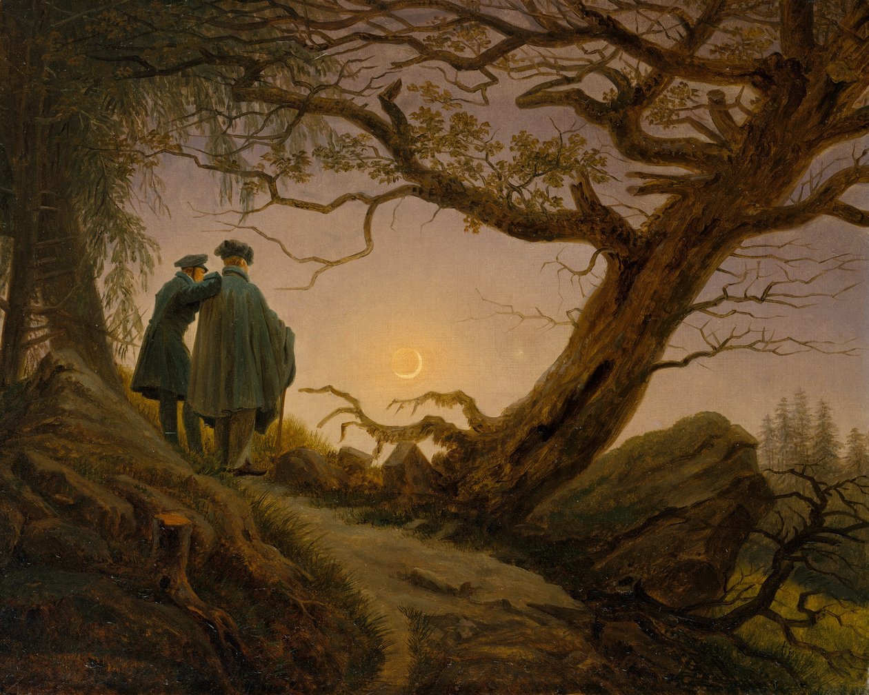 Kaksi miestä miettimässä kuuta, n. 1825-30. tekijältä Caspar David Friedrich