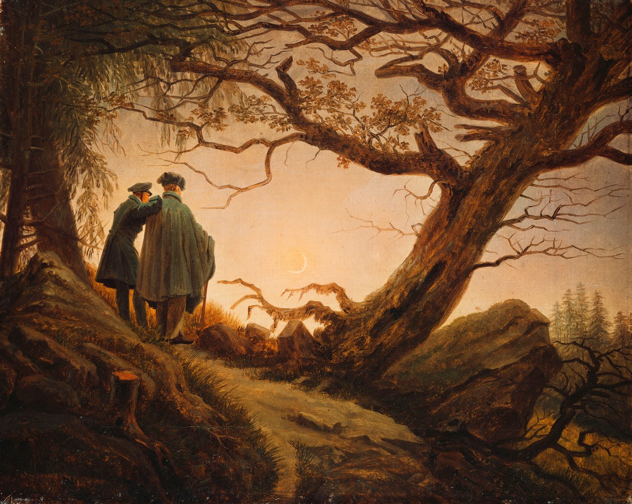Kaksi miestä kuun tarkastelussa; Kaksi miestä harkitsemassa kuuta, noin 1830 tekijältä Caspar David Friedrich