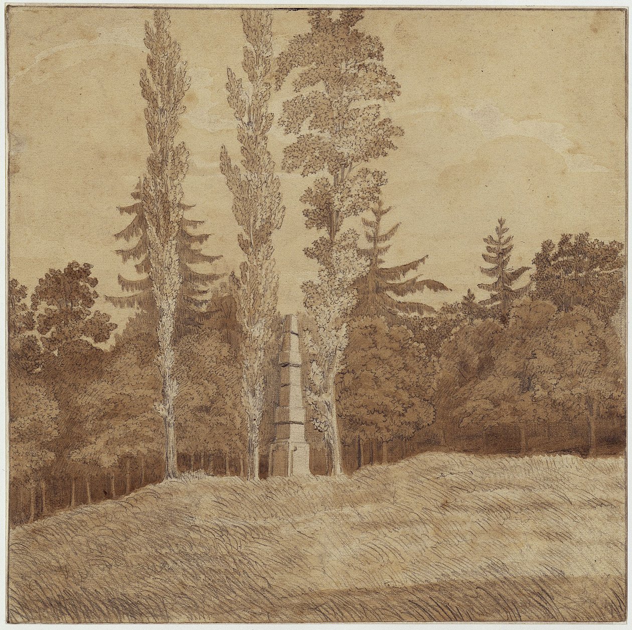 Metsäaukio ja obeliski Seifersdorfin laaksossa tekijältä Caspar David Friedrich