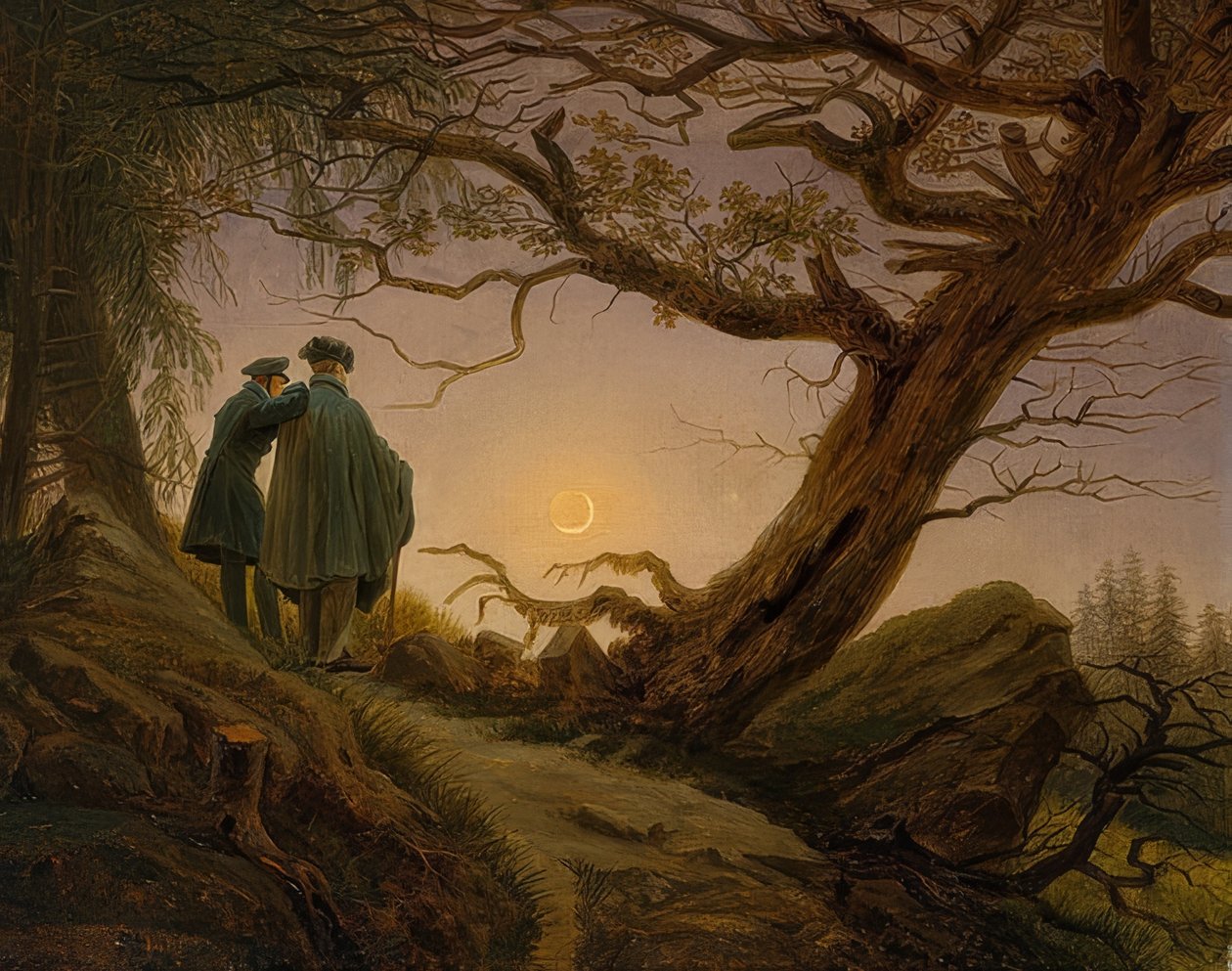 Kaksi miestä harkitsemassa kuuta. Noin 1825-30 tekijältä Caspar David Friedrich