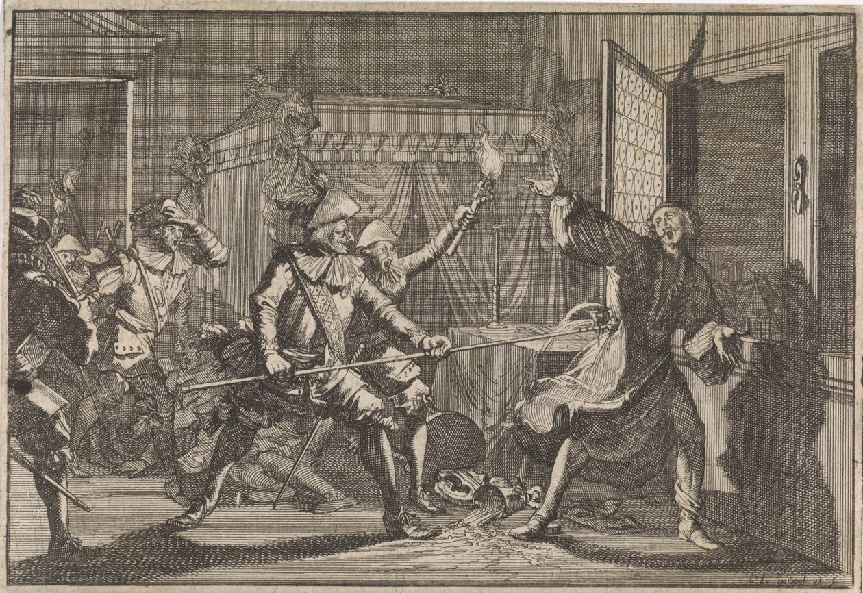 Albrecht von Wallenstein, Friedlandin herttua, murhattiin omien sotilaidensa toimesta, 1634 tekijältä Caspar Luyken (attributed to)