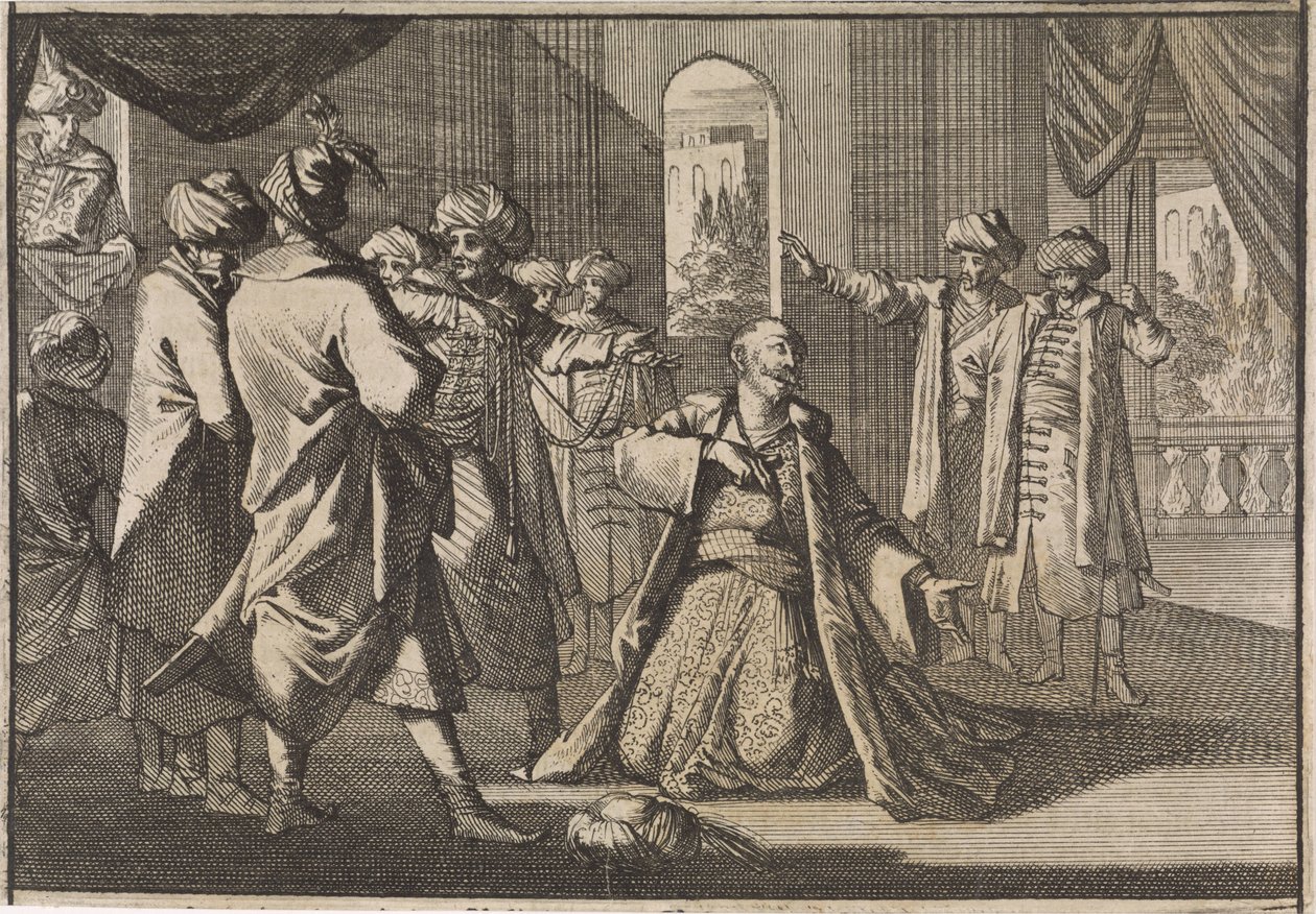 Emir Fakardin anoo sulttaani Murat IV:ltä hänen henkeään, 1633 tekijältä Caspar Luyken (attributed to)