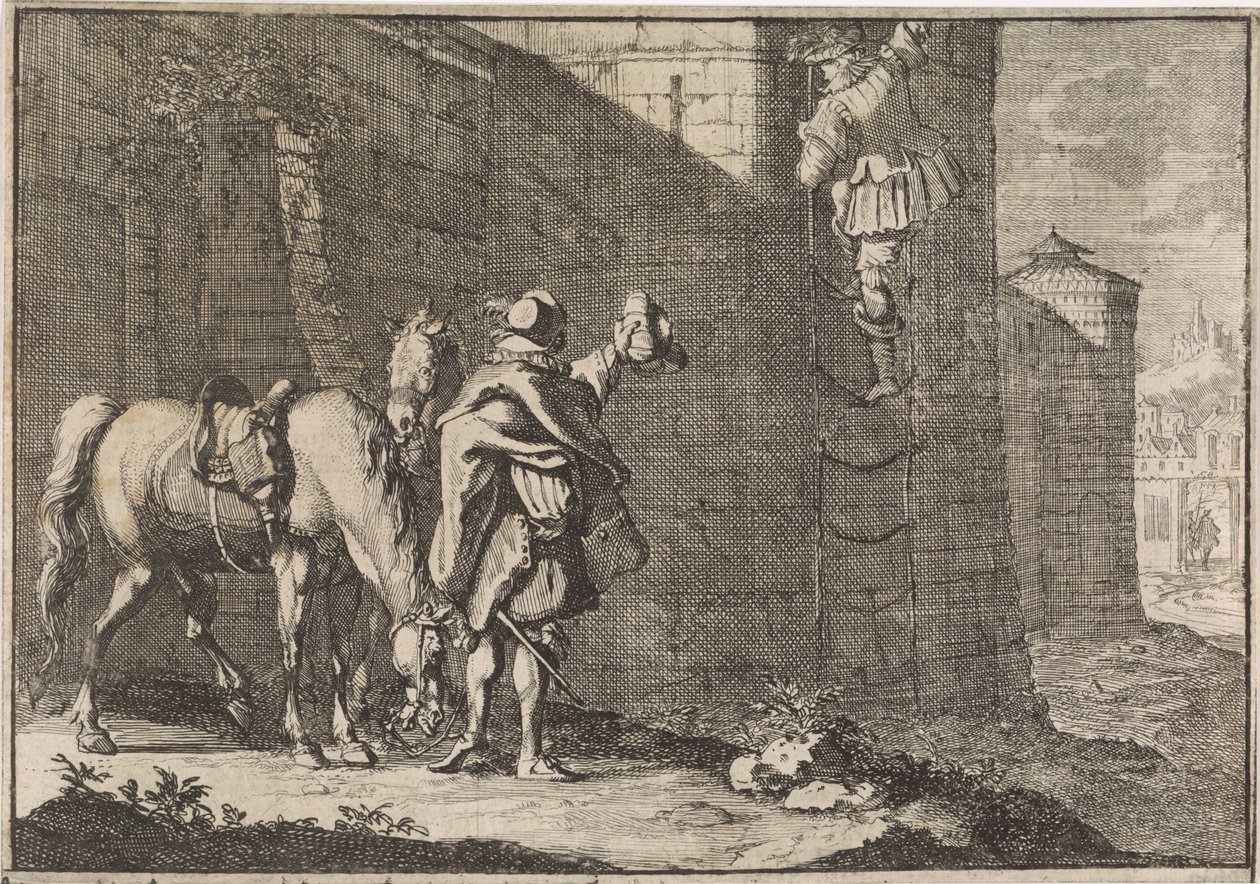 Kenraali Hans Georg von Arnim-Boitzenburg pakenee vankilasta köysikuormaajalla, 1638 tekijältä Caspar Luyken (attributed to)