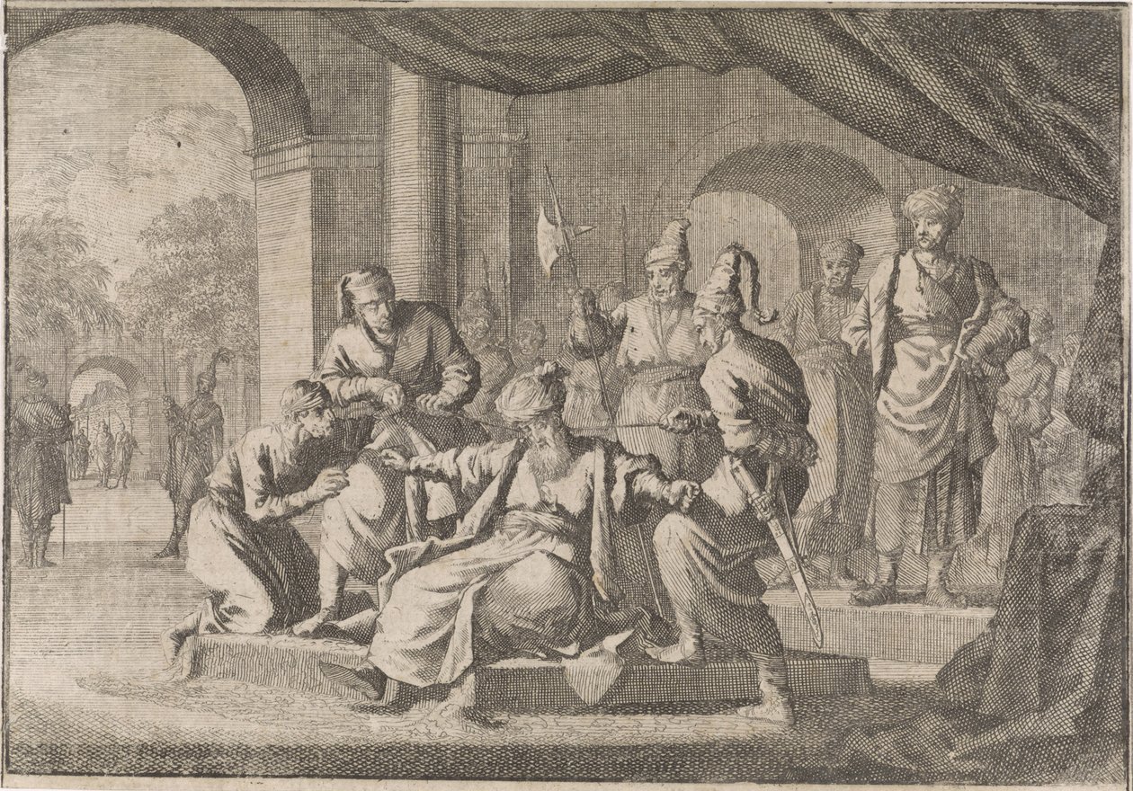 Mustafa, sulttaani Murat IV:n veljenpoika, kuristetaan hänen käskystään vuonna 1639 tekijältä Caspar Luyken (attributed to)