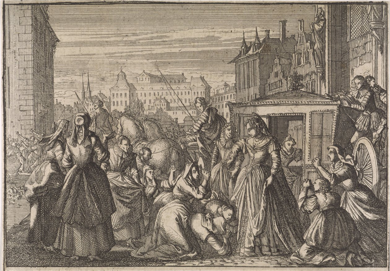 Naiset polvistumassa kuningatar Annan edessä Pariisissa, anomassa häntä verojen alentamiseen, 1645 tekijältä Caspar Luyken (attributed to)