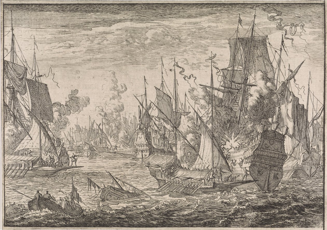 Meritaistelu turkkilaisten sotalaivojen ja Maltan ritarien keittiöiden välillä, 1644 tekijältä Caspar Luyken (attributed to)