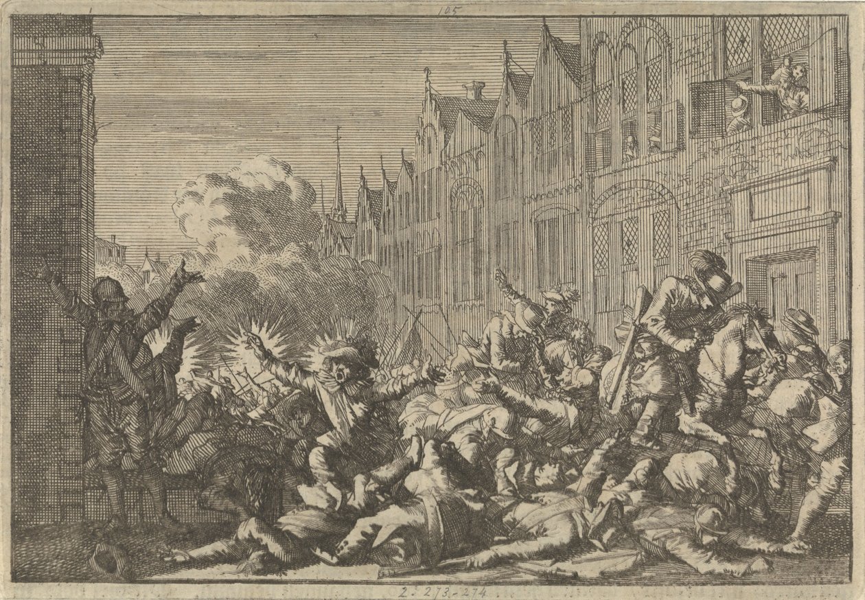 Mazarinin kannattajien valtaama viha, joka joutui kuvernööri De Rohanin kymmenen aseen väijytykseen, 1652 tekijältä Caspar Luyken