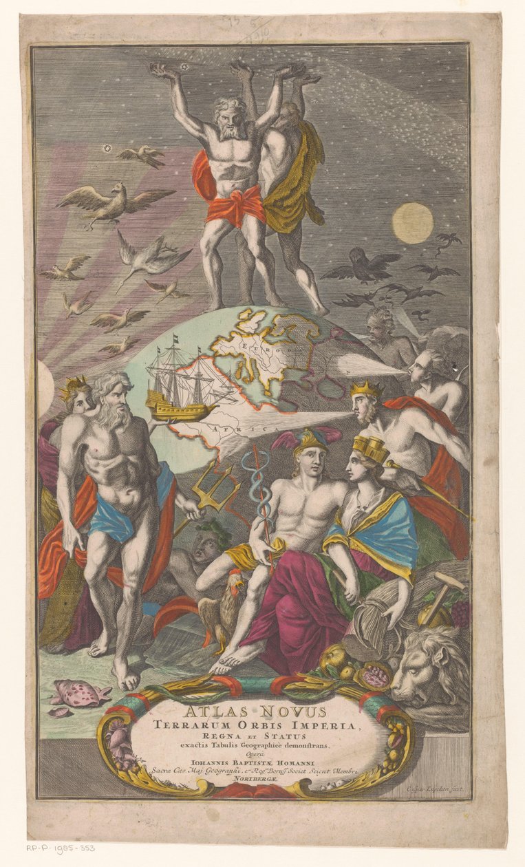 Atlas en Hercules dragen sternerhemel Otsikko voor: Johann Baptista Homan, Maailman imperiumien, kuningaskuntien ja valtioiden uusi atlas, joka näyttää tarkat maantieteelliset taulukot, 1710 tekijältä Caspar Luyken