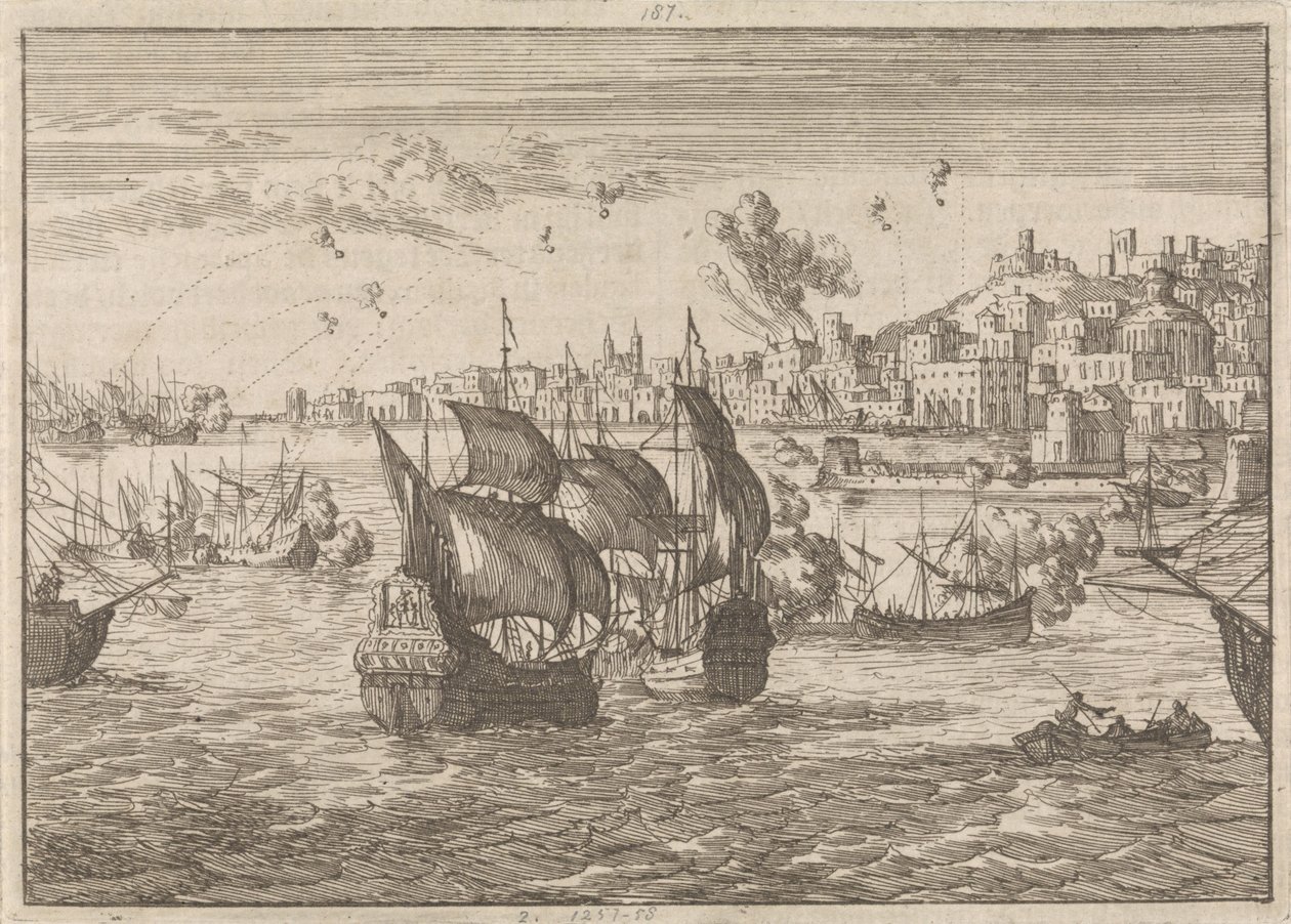 Ranskan laivaston pommittama Genova, 1684 tekijältä Caspar Luyken