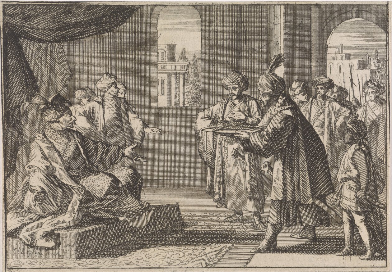 Keisari Chongzhenin pääministeri Guei-tschunille tuodaan silkkiköysi hirttääkseen itsensä, 1643 tekijältä Caspar Luyken