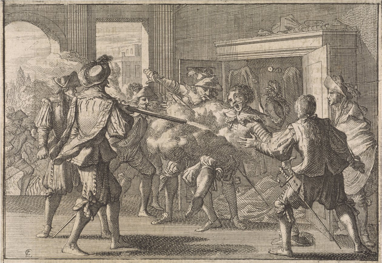 aRaivostunut portugalilainen löytää Miguel de Vasconcelosin kaapista ja murhaa hänet, 1640 tekijältä Caspar Luyken