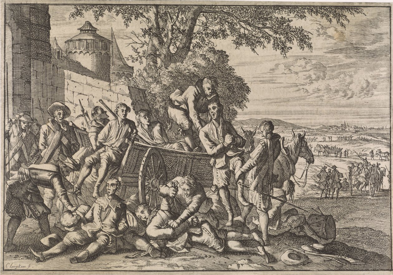 Espanjalaiset sotilaat lastataan kärryihin ja viedään pois, 1641 tekijältä Caspar Luyken