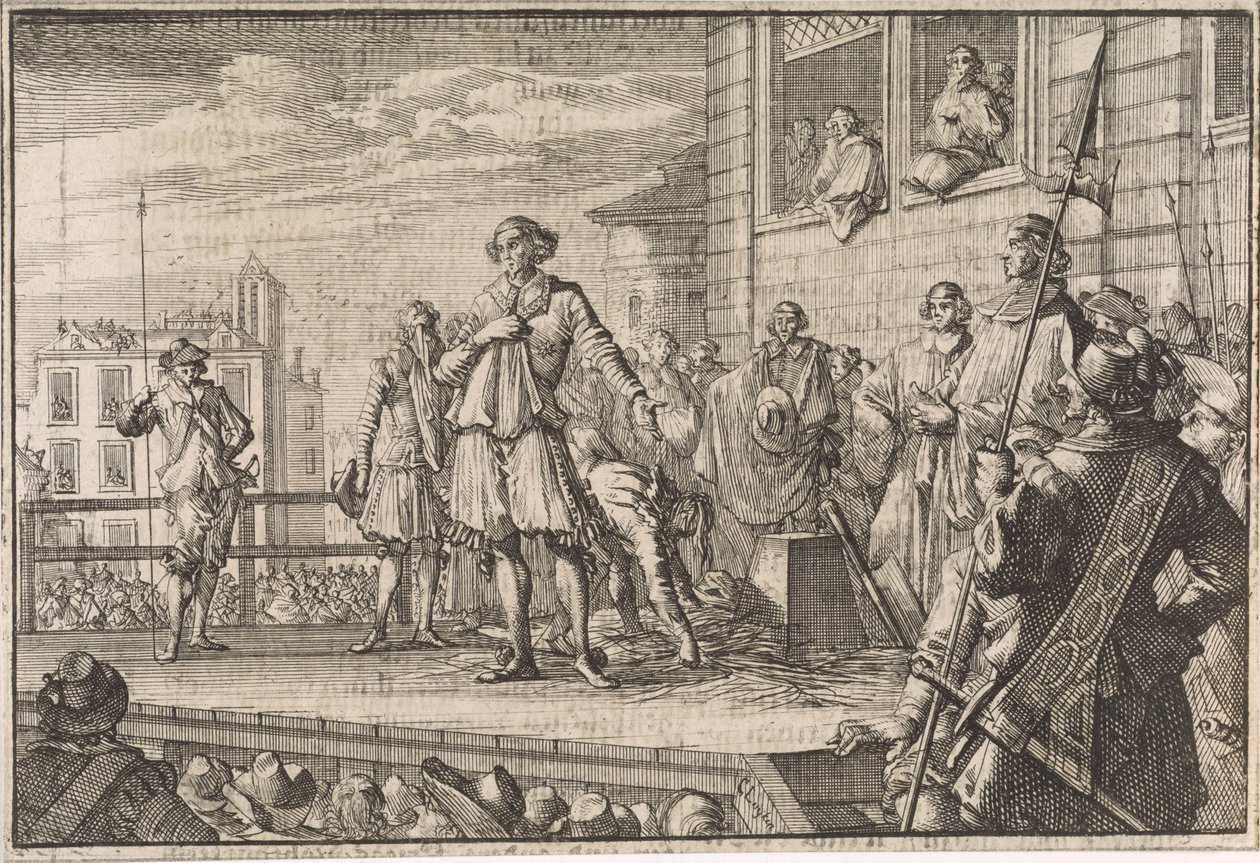 Thomas Wentworth, Earl of Strafford puhuttelee ihmisiä rakennustelineestä, 1641 tekijältä Caspar Luyken