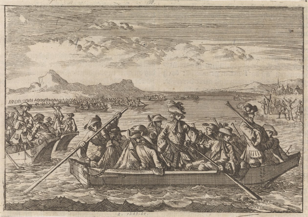 Savoiasta jahdatut valdolaiset palaavat maihinsa proomuilla Genevejärven yli vuonna 1689 tekijältä Caspar Luyken