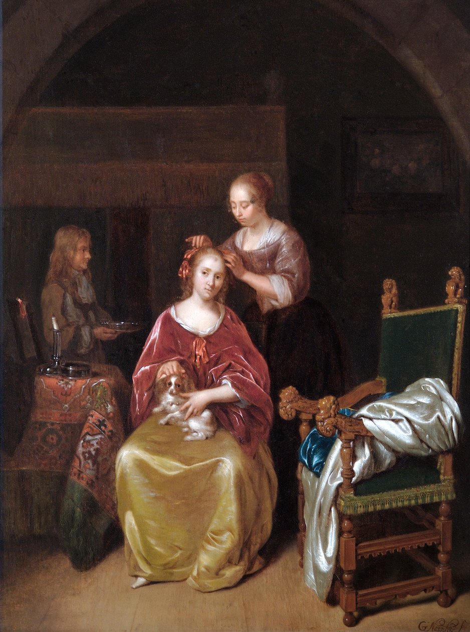 A Lady At Her Toilet, n. 1665 (öljy tammilevylle) tekijältä Caspar Netscher