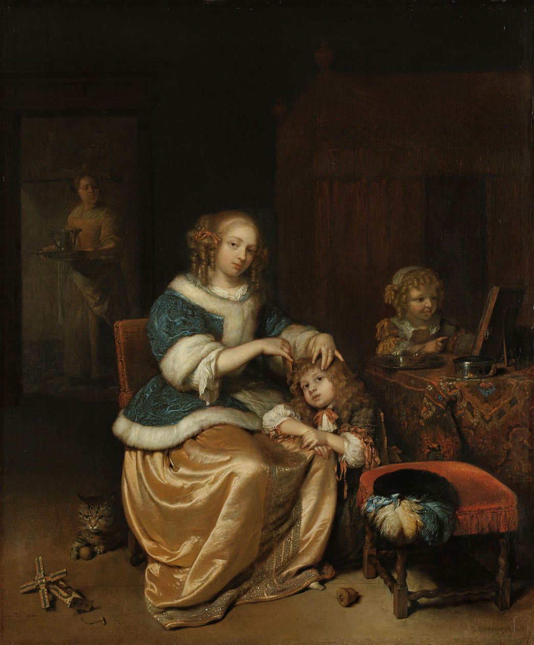 Sisustus, jossa äiti kampaa lapsensa hiuksia, tunnetaan nimellä "äidinhoito", 1669 tekijältä Caspar Netscher