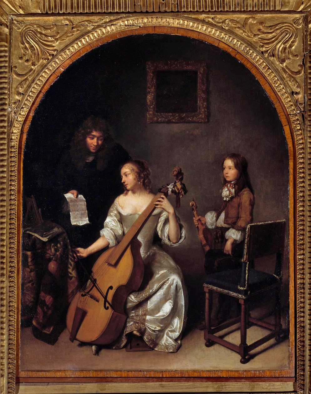 La lecon de basse de viole Gaspard Netscherin (1639-1684) maalaus 1600-luvun su. 0,45x0,35 m tekijältä Caspar Netscher