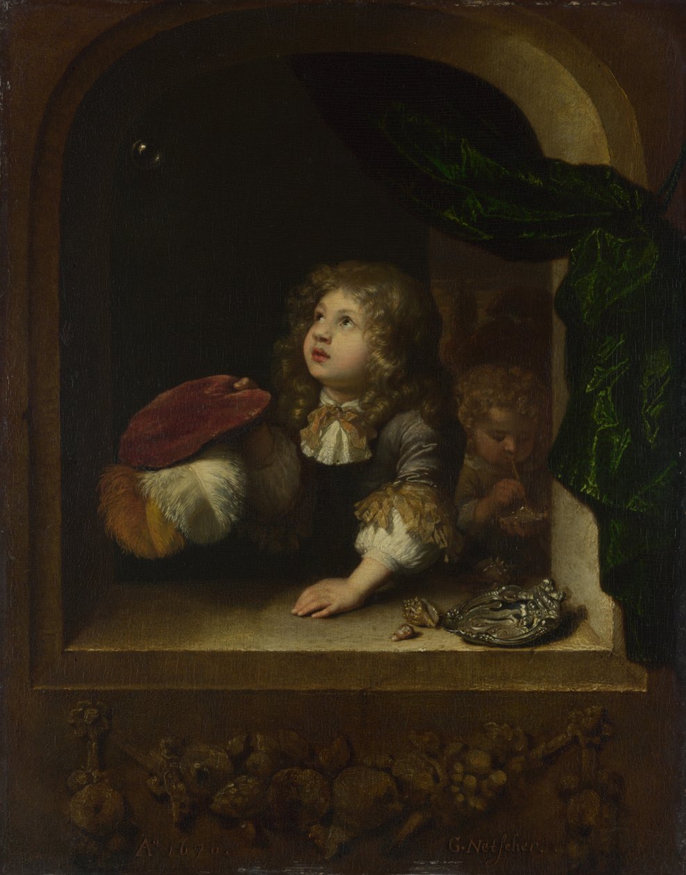 Kaksi poikaa puhaltamassa kuplia, c. 1670 tekijältä Caspar Netscher