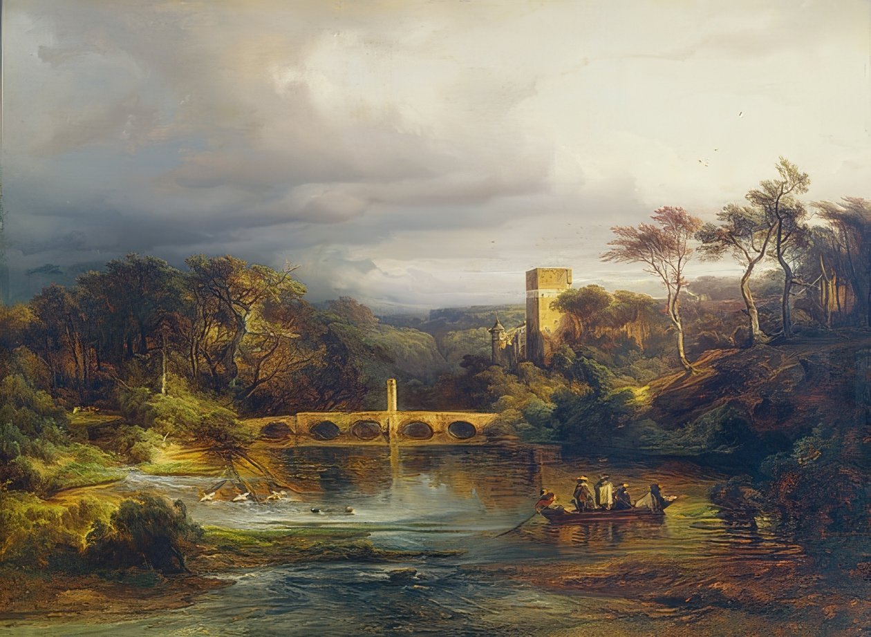 Linna metsäjärvellä veneilijöineen ja kaarisilta. 1846 tekijältä Caspar Scheuren