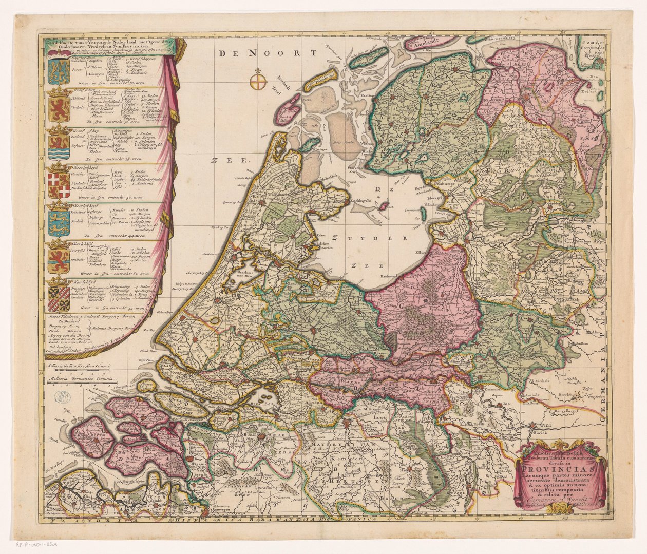 Yhdistyneen Alankomaiden Seitsemän tasavallan kartta Yhdistyneen Alankomaiden maacaerte siihen kuuluvalla geenillä jakautuu syn provinsseihin (...) / Exactissima Belgii Foederati tabula cum annexis divisa in provincias (...) (otsikko esineessä) tekijältä Caspar Specht (possibly)