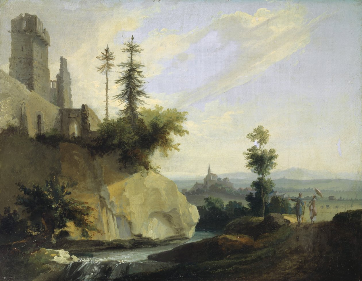 Maisemakompositio linnan rauniolla, n. 1774-77 tekijältä Caspar Wolf