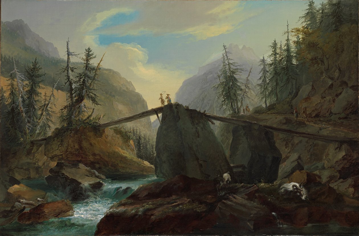 Puinen kävelysilta Lütschinen yli lähellä Gsteigiä, 1774. tekijältä Caspar Wolf