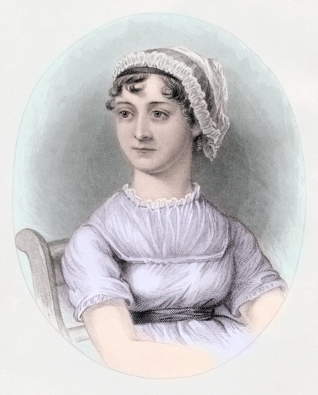Jane Austenin muotokuva, n. 1850 (käsinvärinen kaiverrus) tekijältä Cassandra (after) Austen