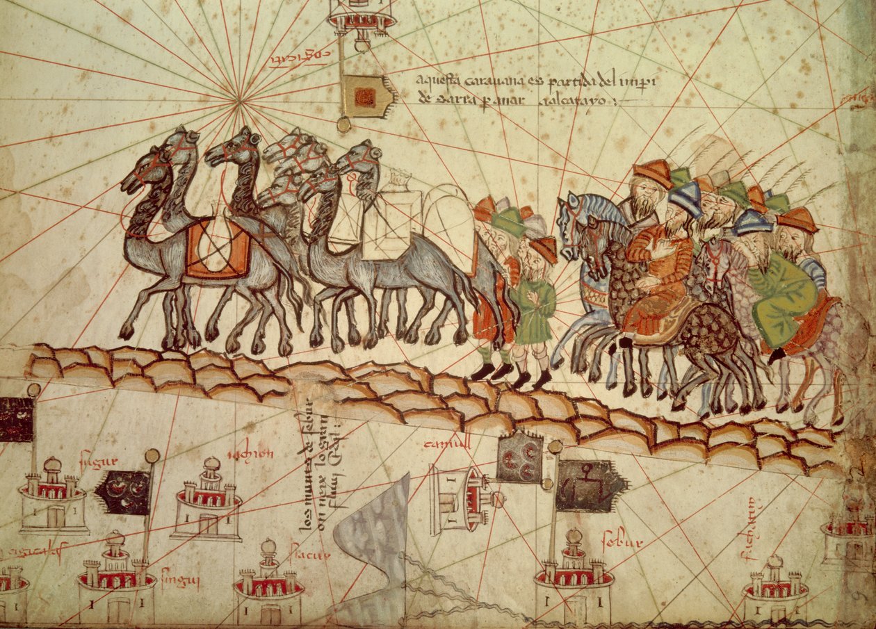 Yksityiskohta Katalonian merikartasta (portulan), joka edustaa Aasiaa 1200-luvulla ja jossa näkyy karavaani, joka kävelee kohti Cathayta (Marco Polon antama nimi suunnitellakseen Pohjois-Kiinan aluetta): Marco Polon silkkireitti. Abra katalaani atlas tekijältä Catalan School
