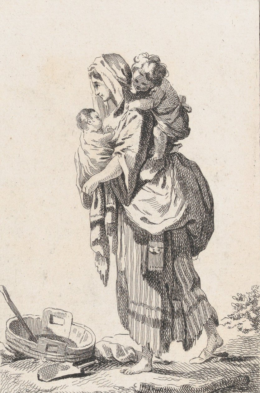Talonpojan nainen, kaksi lasta, n. 1758. tekijältä Catherine Francoise Beauvarlet